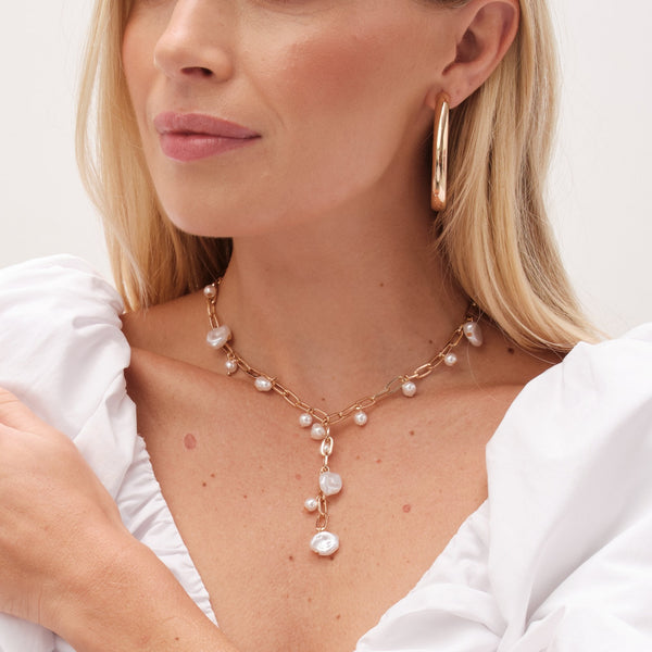 Mood Gold Flat Coin Pearl Chain Y-Drop Necklace