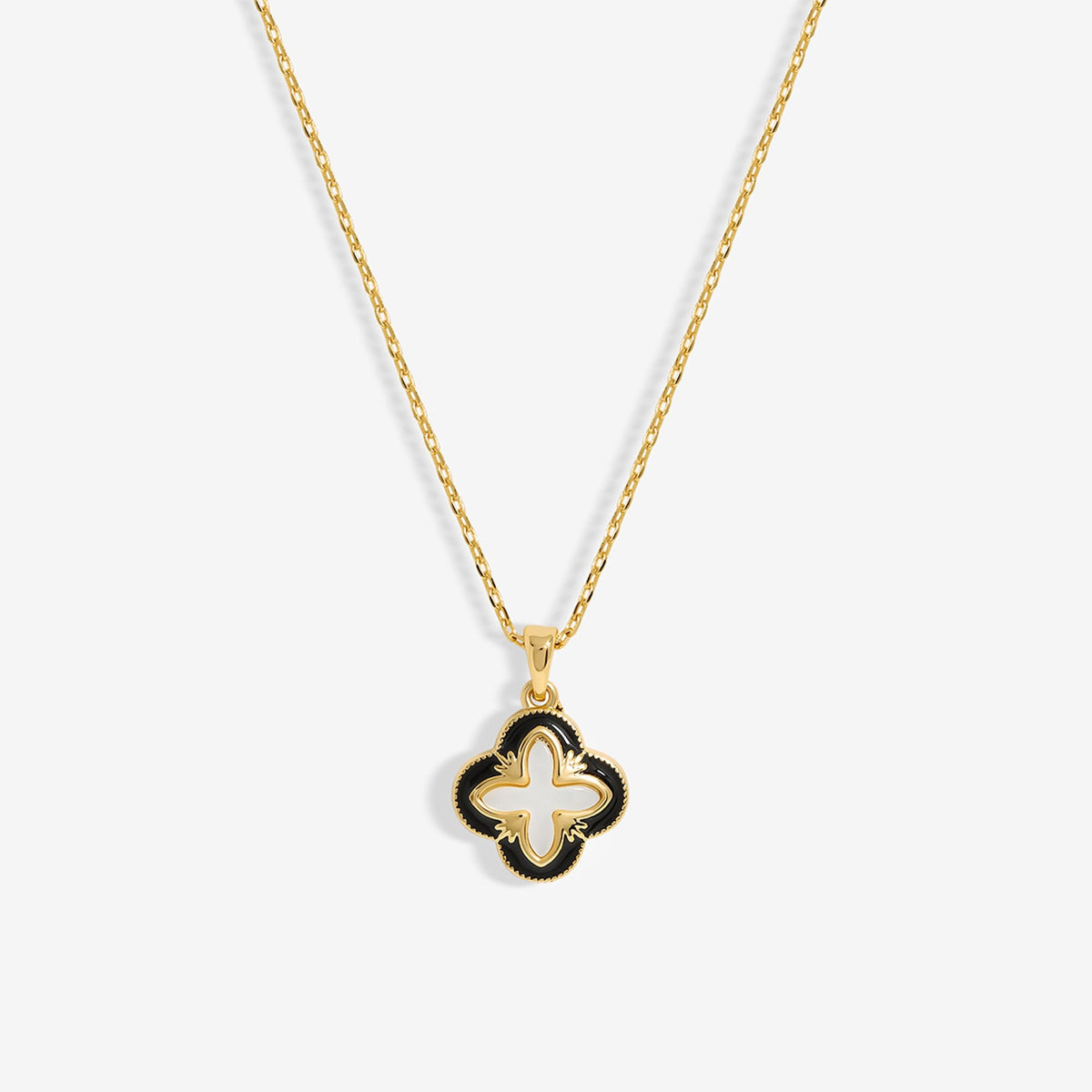 Inicio Gold Plated Jet Enamel And Mother Of Pearl Clover Pendant - Gift Pouch