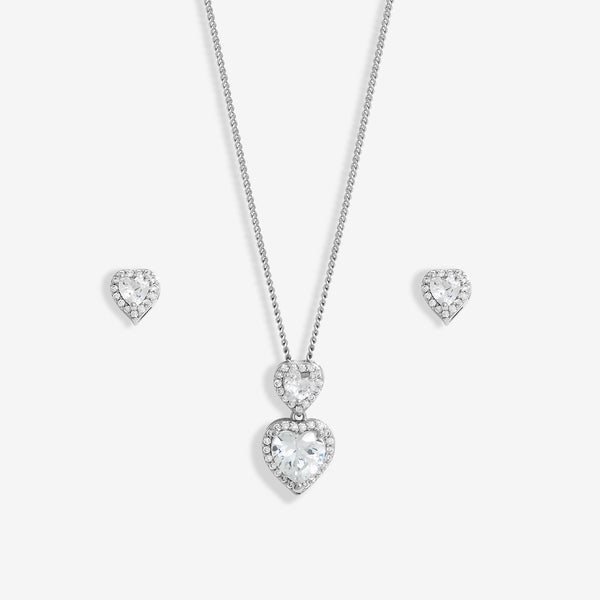 Jon Richard Rhodium Plated Cubic Zirconia Halo Double Heart Set - Gift Boxed
