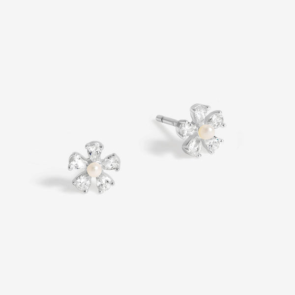 Simply Silver Sterling Silver 925 Cubic Zirconia and Pearl Flower Stud Earrings