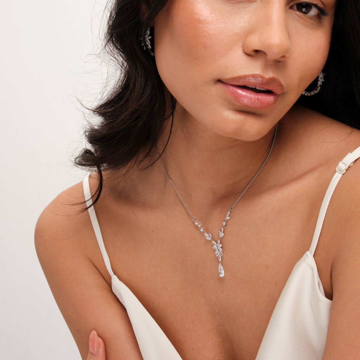 Jon Richard Rhodium Plated Cubic Zirconia Floral Y Necklace
