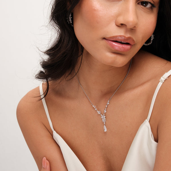 Jon Richard Rhodium Plated Cubic Zirconia Floral Y Necklace