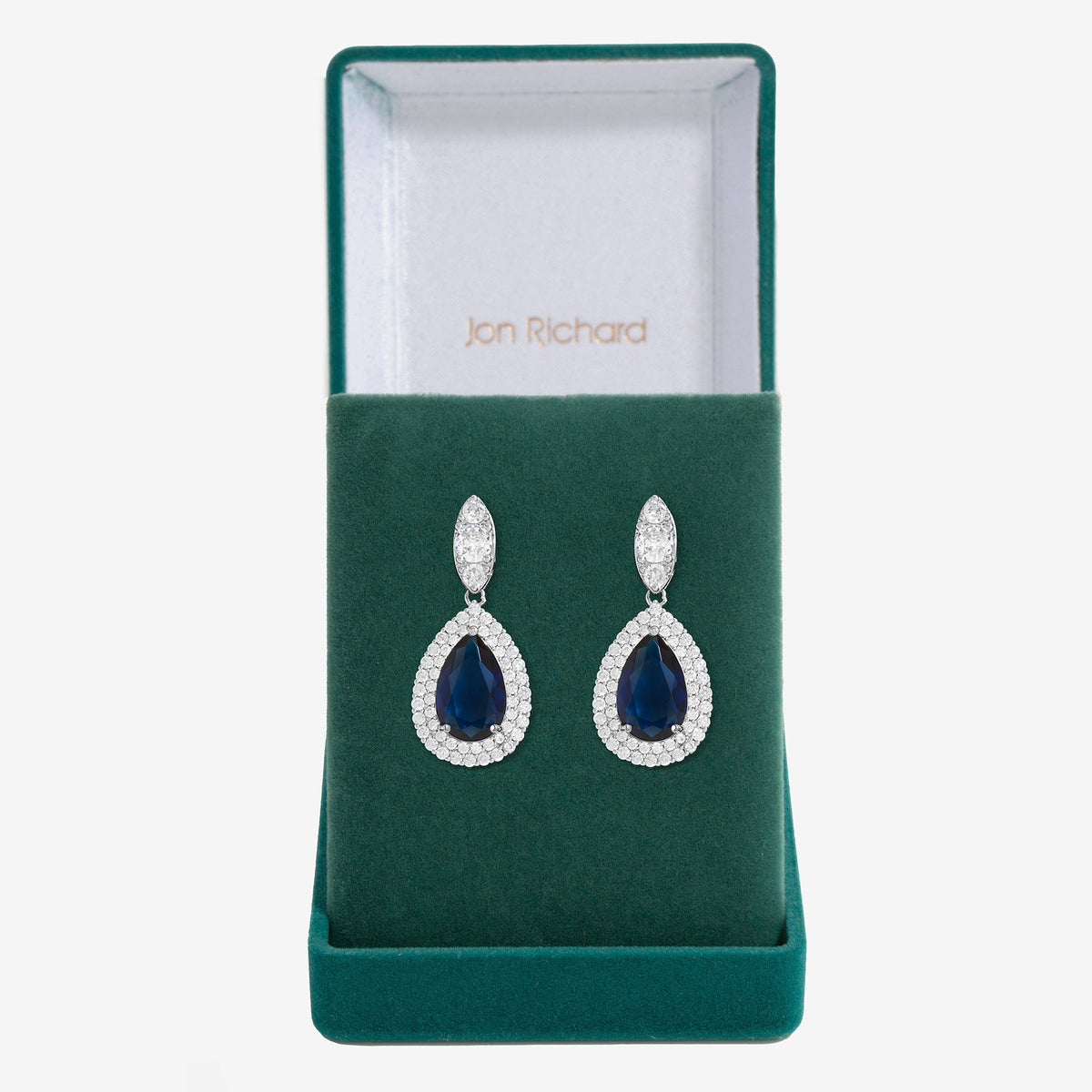 Silver Plated Cubic Zirconia Baguette Navette Sapphire Blue Pear Drop Earring - Gift Boxed