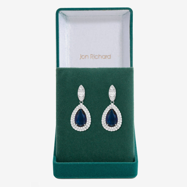 Silver Plated Cubic Zirconia Baguette Navette Sapphire Blue Pear Drop Earring - Gift Boxed