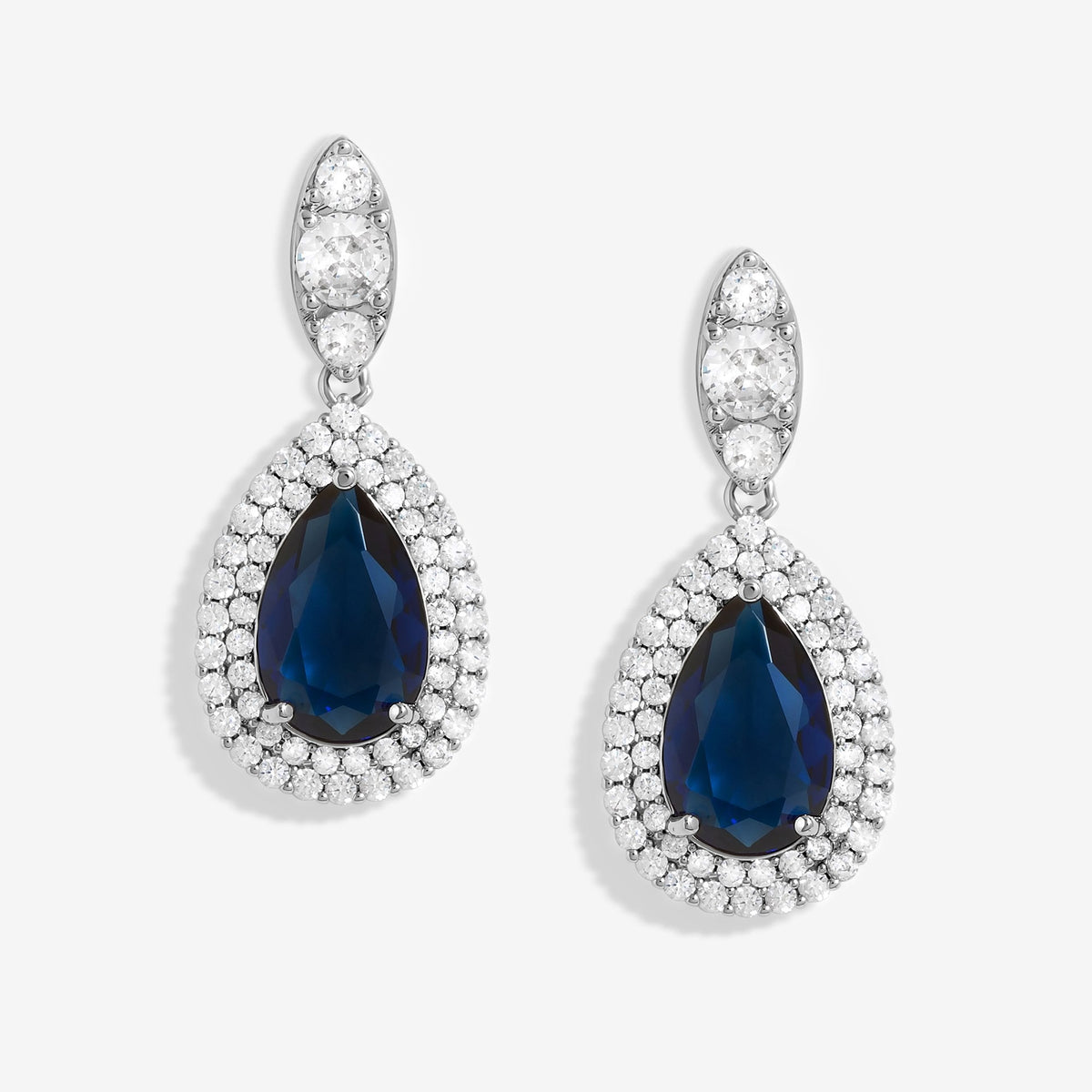 Silver Plated Cubic Zirconia Baguette Navette Sapphire Blue Pear Drop Earring - Gift Boxed