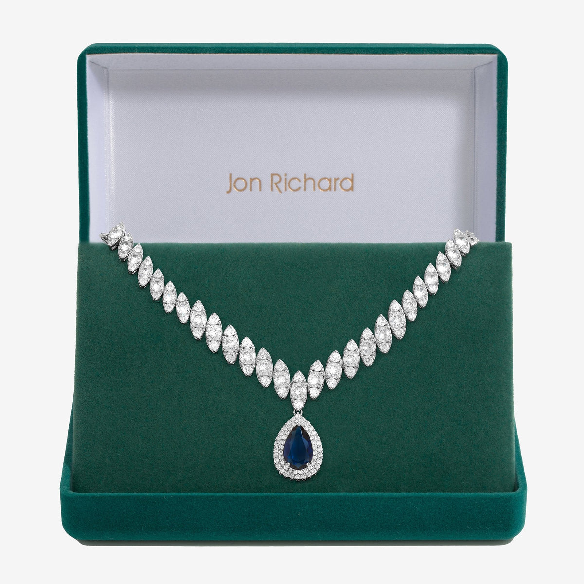 Silver Plated Cubic Zirconia Baguette Navette Blue Sapphire Pear Drop Necklace - Gift Boxed