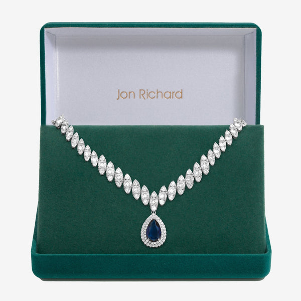 Silver Plated Cubic Zirconia Baguette Navette Blue Sapphire Pear Drop Necklace - Gift Boxed