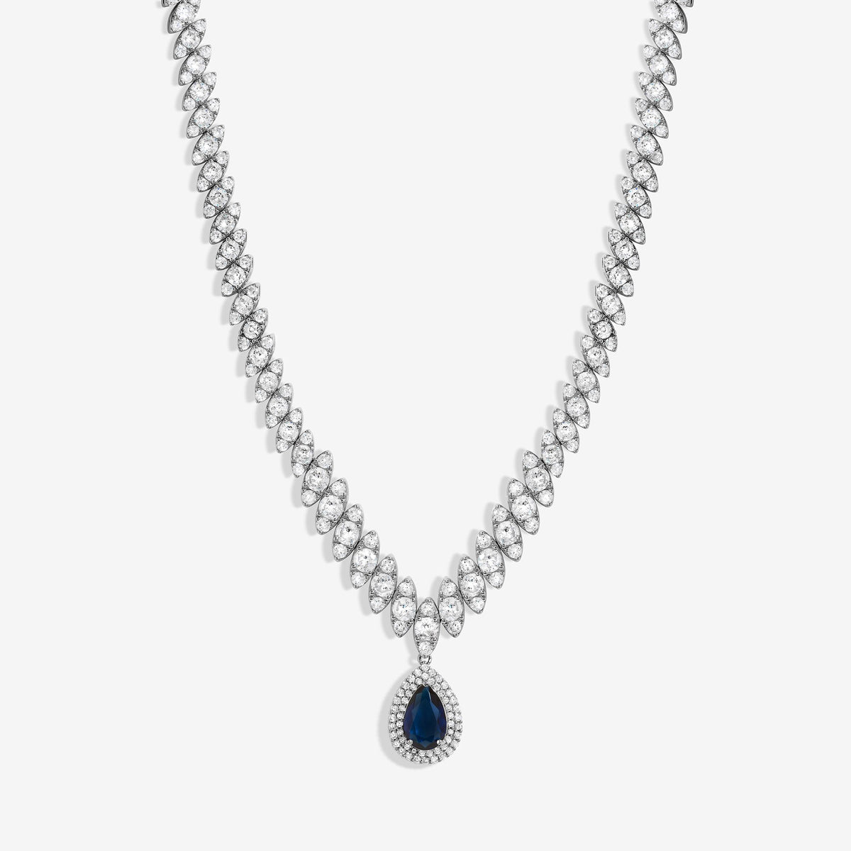 Silver Plated Cubic Zirconia Baguette Navette Blue Sapphire Pear Drop Necklace - Gift Boxed