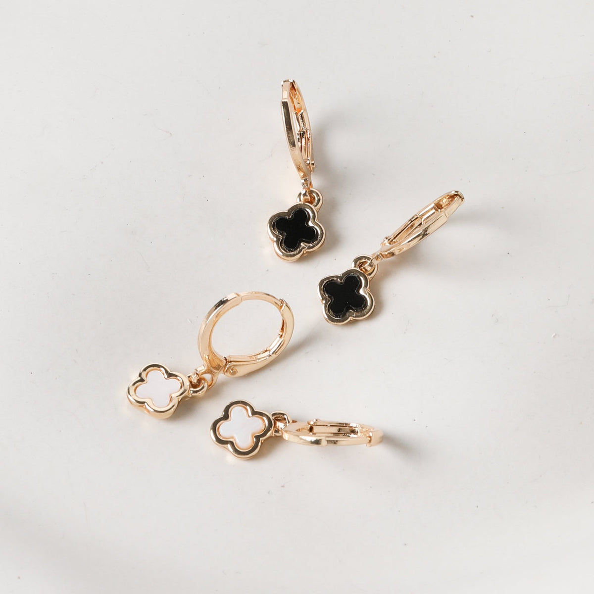Mood Gold Crystal Mother Of Pearl And Black Clover Huggie Hoop Earrings - Pack Of  2