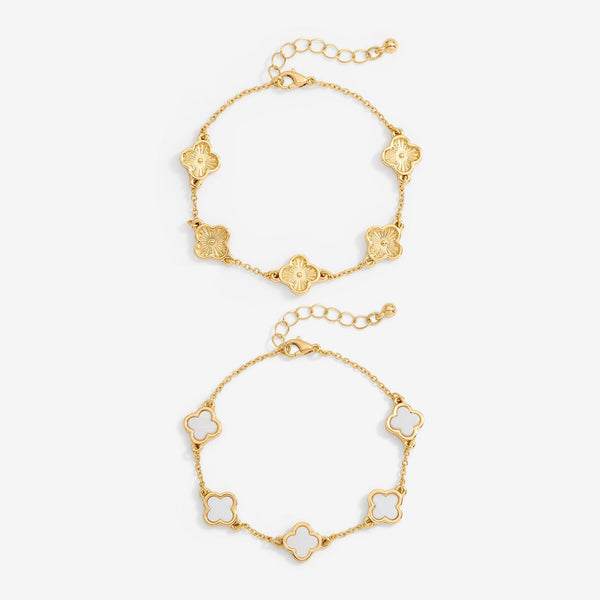 Mood Gold Mother Of Pearl Clover Station Bracelets - Pack Of 2