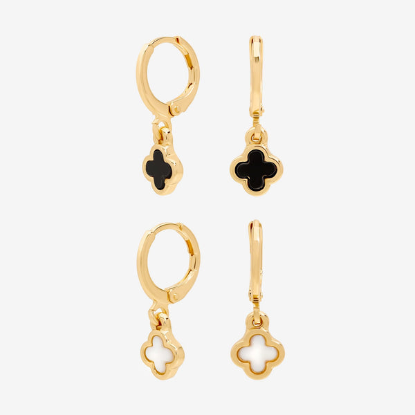 Mood Gold Crystal Mother Of Pearl And Black Clover Huggie Hoop Earrings - Pack Of  2