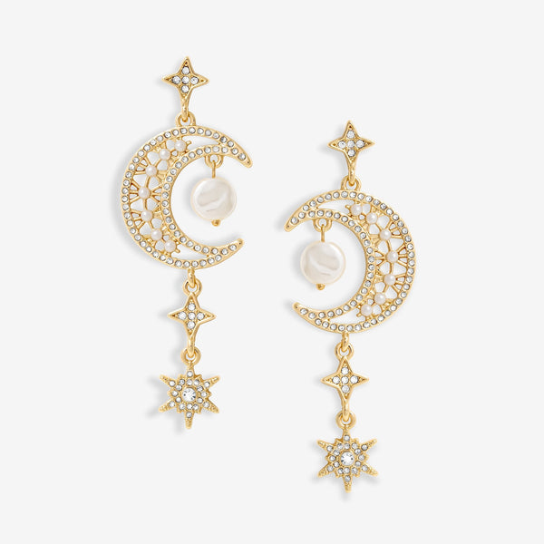 Mood Gold Crystal And Pearl Moon Charm Drop Earrings
