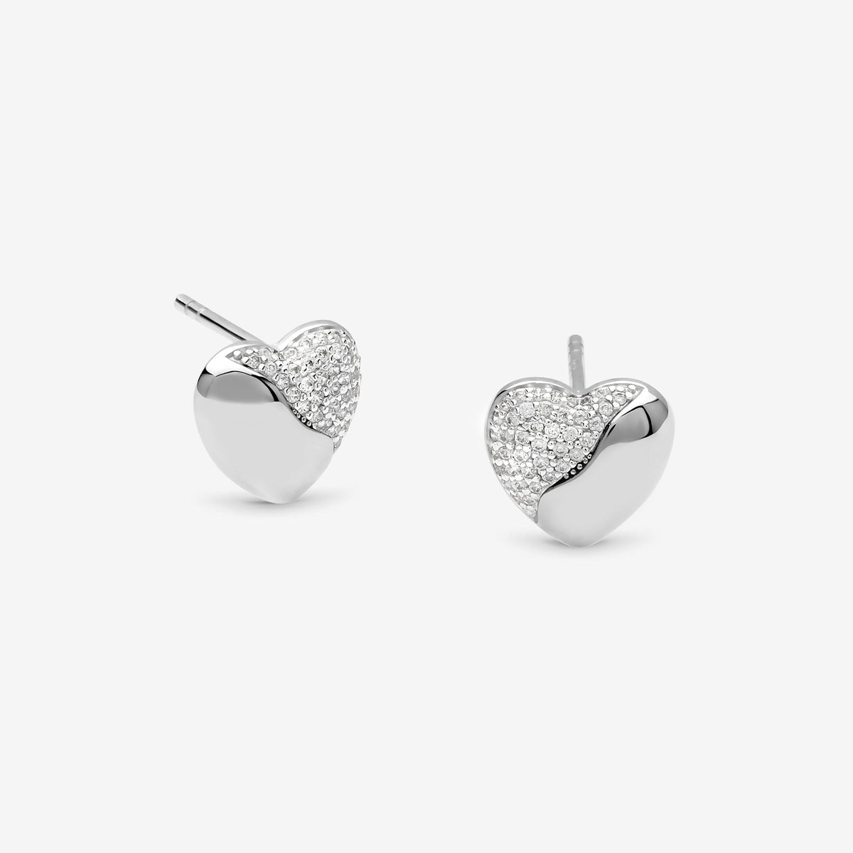 Simply Silver Sterling Silver 925 Polished and Micro Pave Heart Stud Earrings