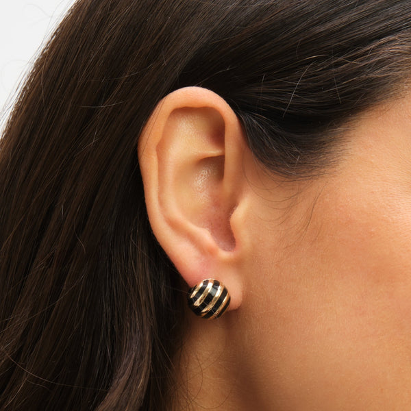 Jon Richard Gold Plated And Jet Enamel Stripe Dome Earrings