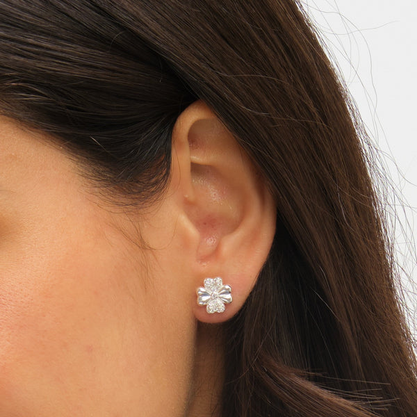 Simply Silver Sterling Silver 925 Micro Pave Cubic Zirconia Centre Clover Stud Earrings