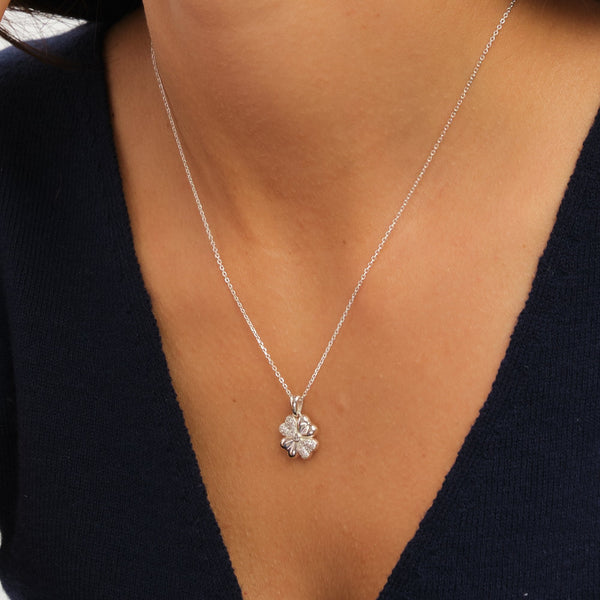 Simply Silver Sterling Silver 925 Polished and Pave Clover Pendant - Gift Pouch