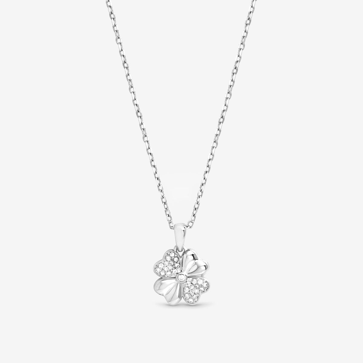 Simply Silver Sterling Silver 925 Polished and Pave Clover Pendant - Gift Pouch