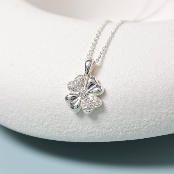 Simply Silver Sterling Silver 925 Polished and Pave Clover Pendant - Gift Pouch