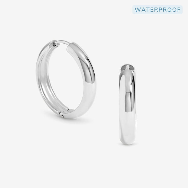 Jon Richard Waterproof Platinum Plated Medium Flat Surface Hoop Earrings