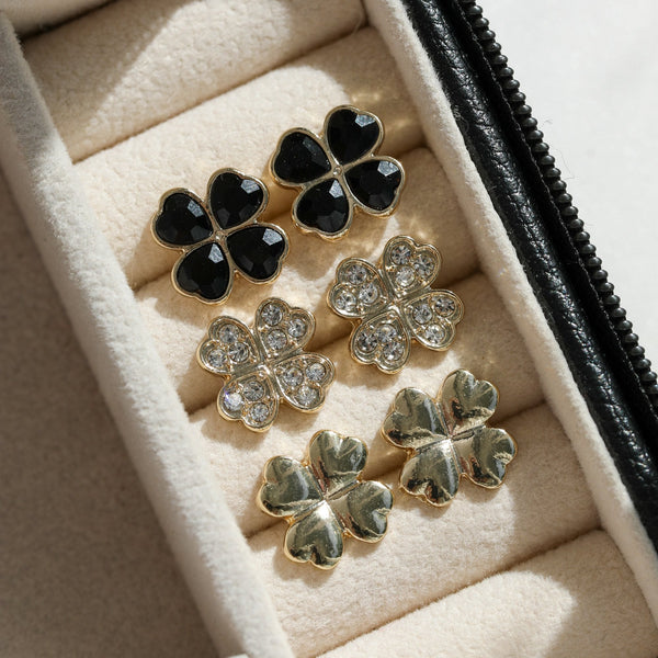 Mood Gold & Jet Crystal Clover Stud Earrings - Pack Of 3