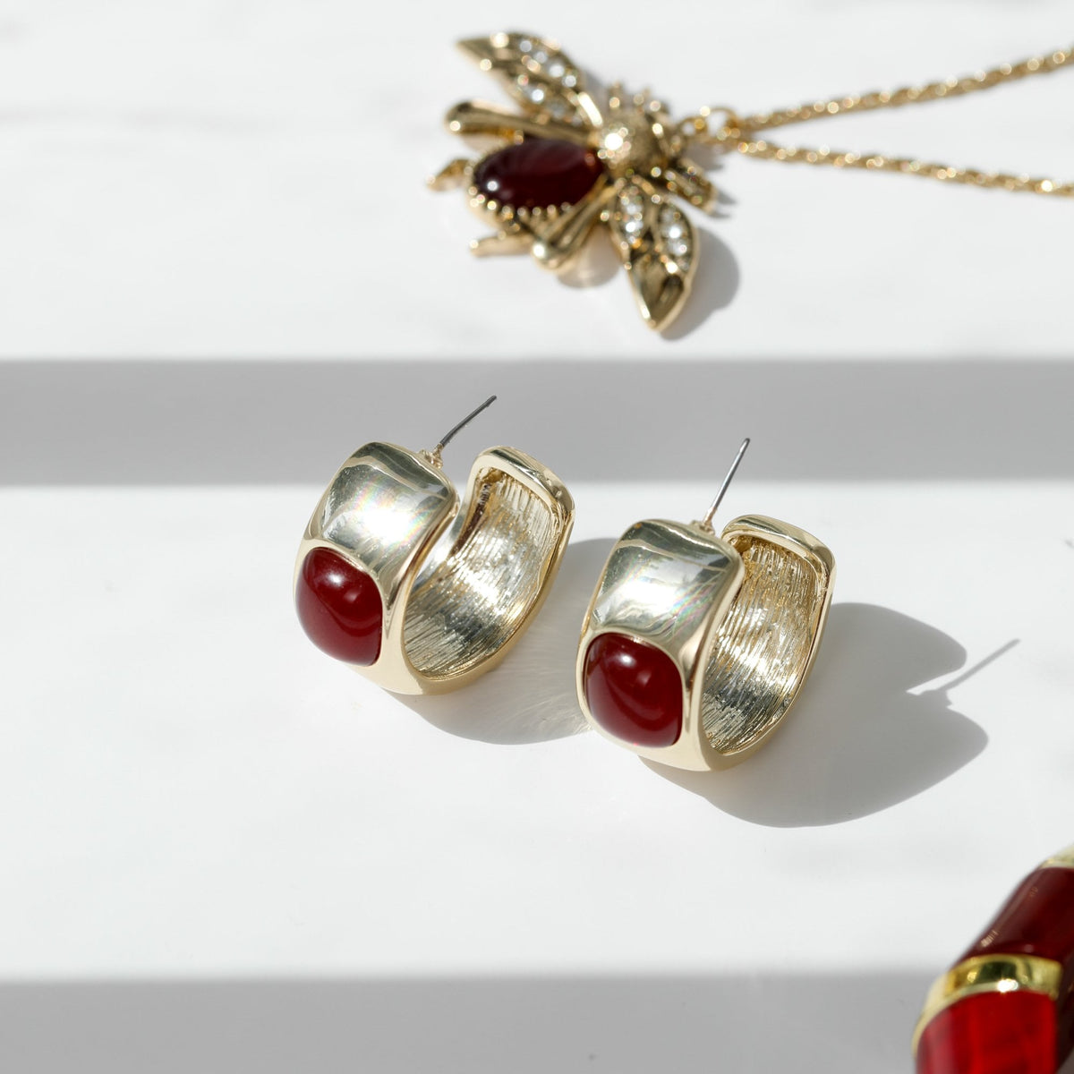 Mood Gold Polished & Red Resin Chubby Hoop Earrings