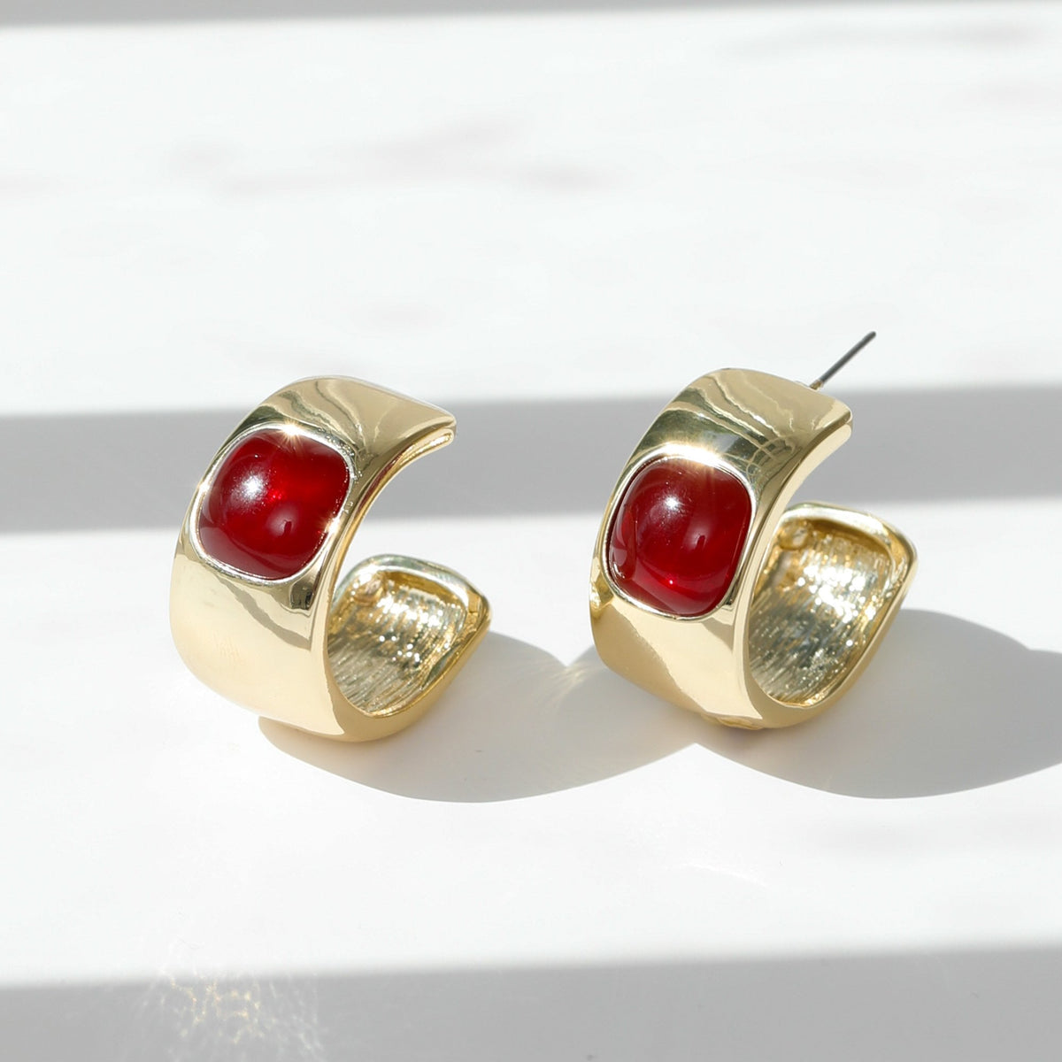 Mood Gold Polished & Red Resin Chubby Hoop Earrings