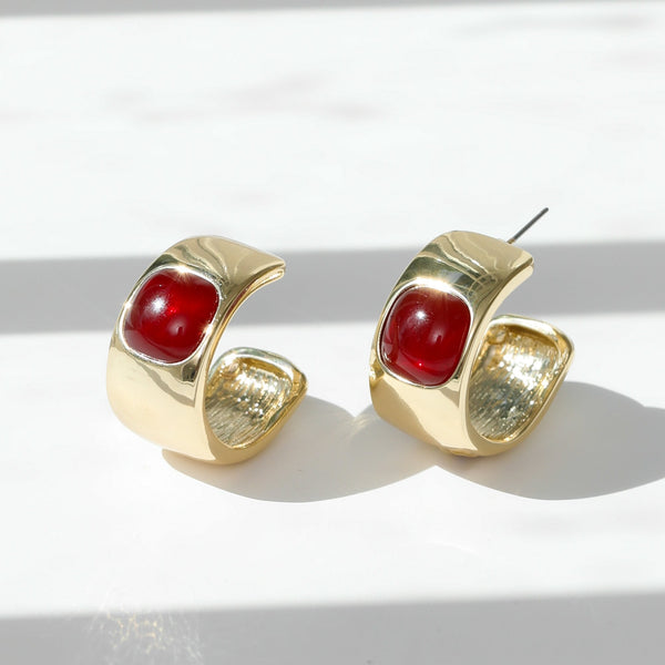 Mood Gold Polished & Red Resin Chubby Hoop Earrings