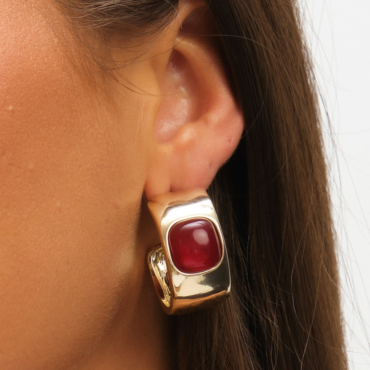 Mood Gold Polished & Red Resin Chubby Hoop Earrings