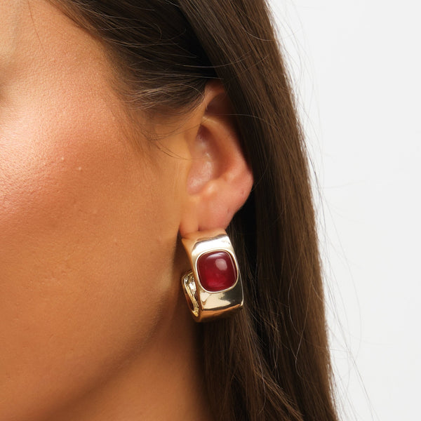 Mood Gold Polished & Red Resin Chubby Hoop Earrings