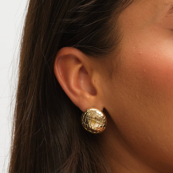 Mood Gold Polished Snake Textured Round Dome Earrings