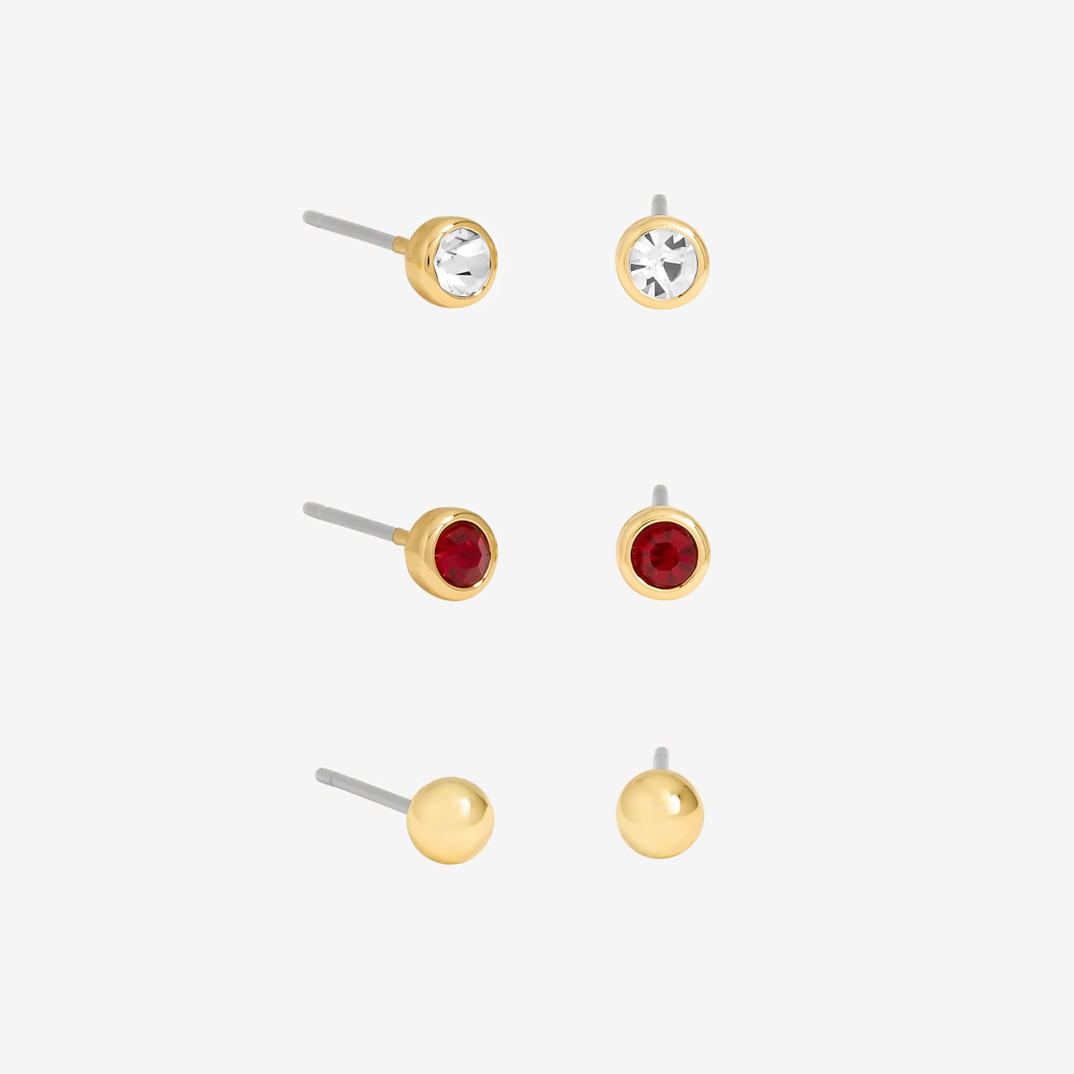Mood Gold Polished Crystal & Burgandy Stud Earrings - Pack Of 3