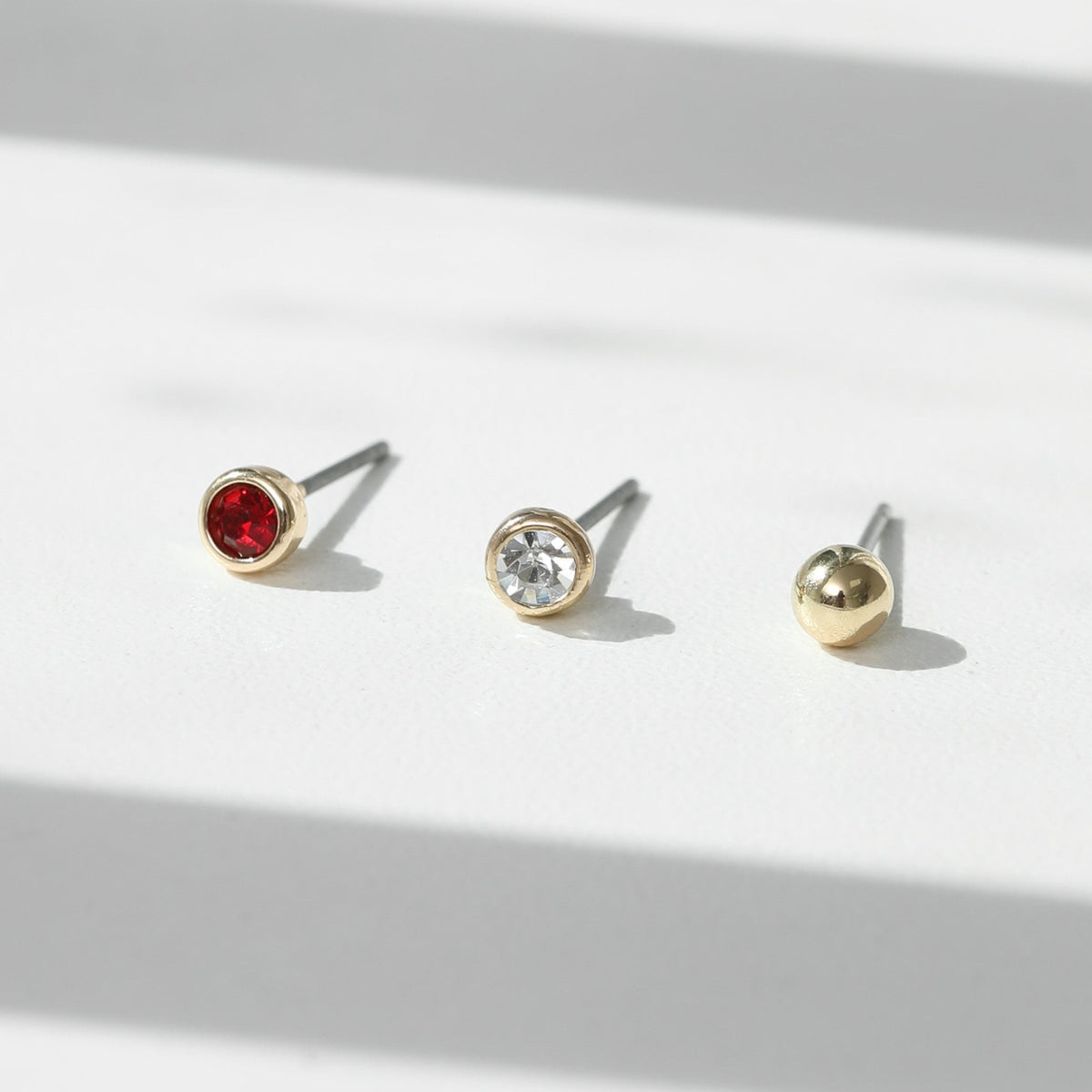 Mood Gold Polished Crystal & Burgandy Stud Earrings - Pack Of 3