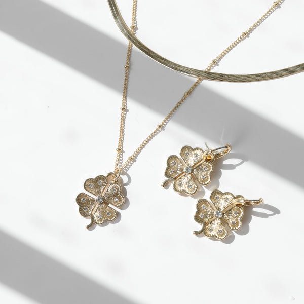 Mood Gold Polished & Crystal Clover Double Row Pendant
