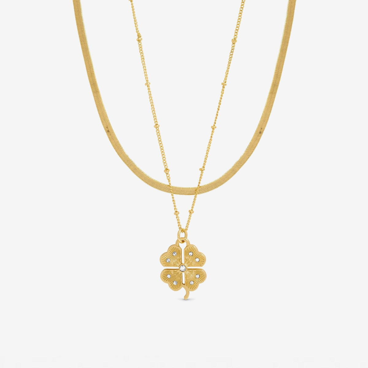 Mood Gold Polished & Crystal Clover Double Row Pendant