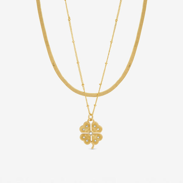 Mood Gold Polished & Crystal Clover Double Row Pendant