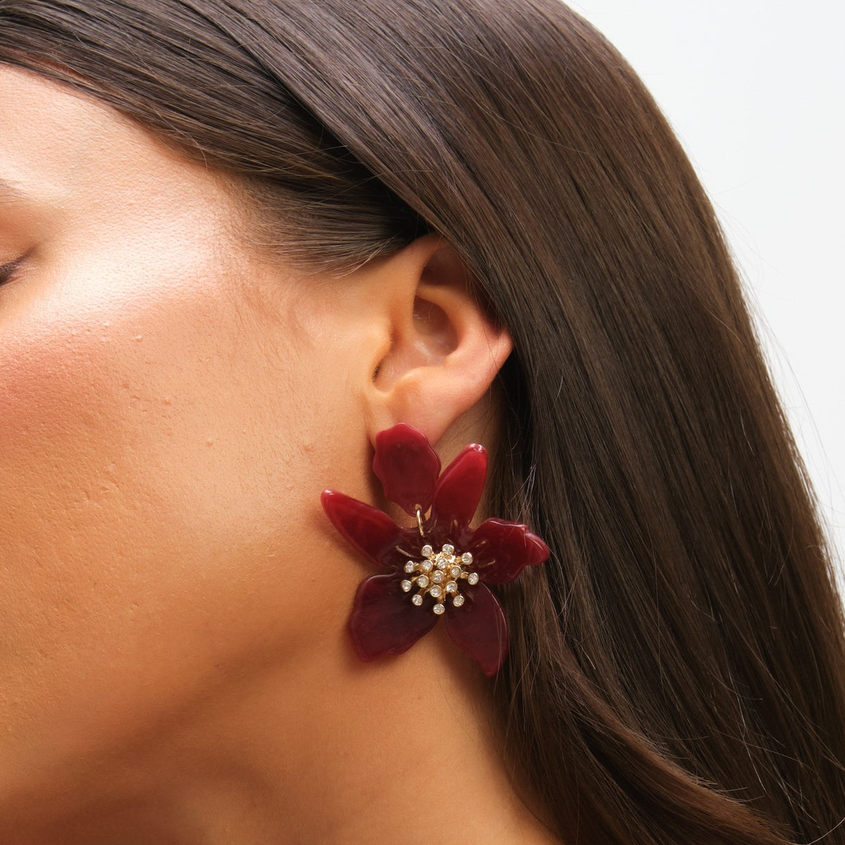 Mood Burgundy Resin Flower Statement Drop Earrings