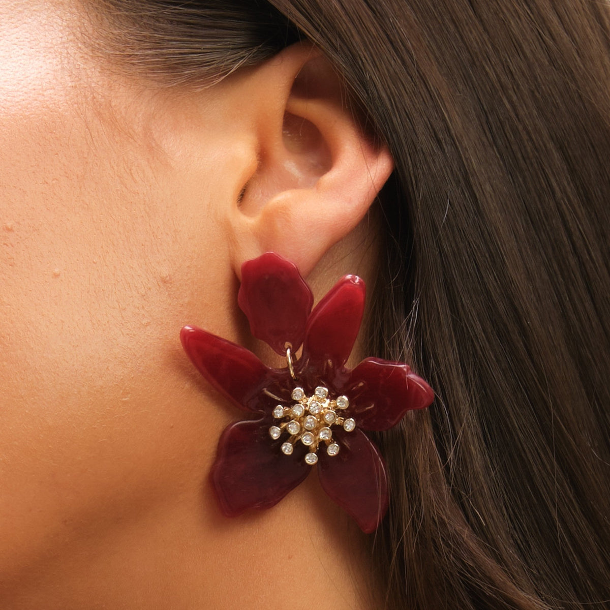 Mood Burgundy Resin Flower Statement Drop Earrings