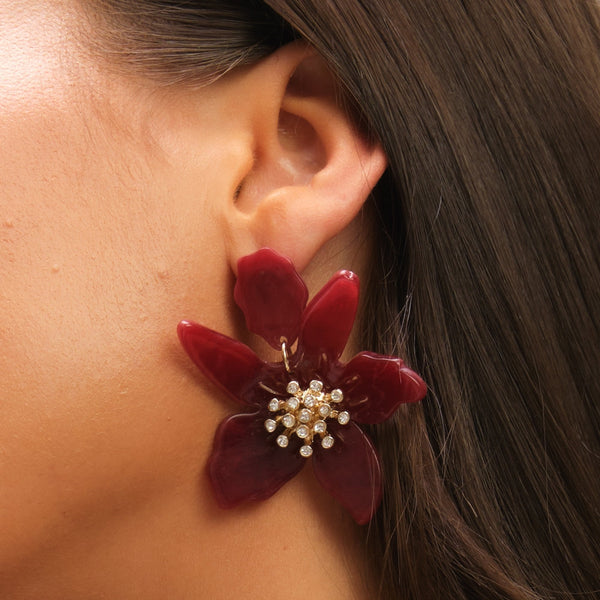 Mood Burgundy Resin Flower Statement Drop Earrings