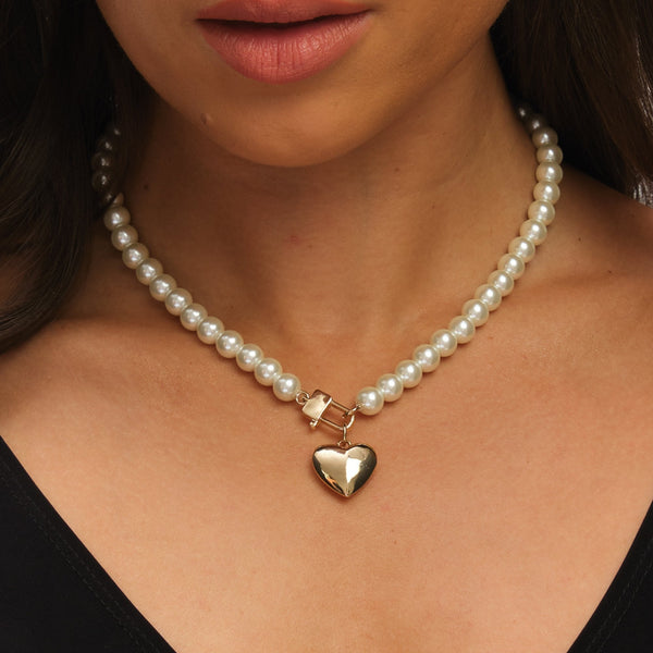 Mood Cream Pearl & Gold Polished Padlock Short Necklace