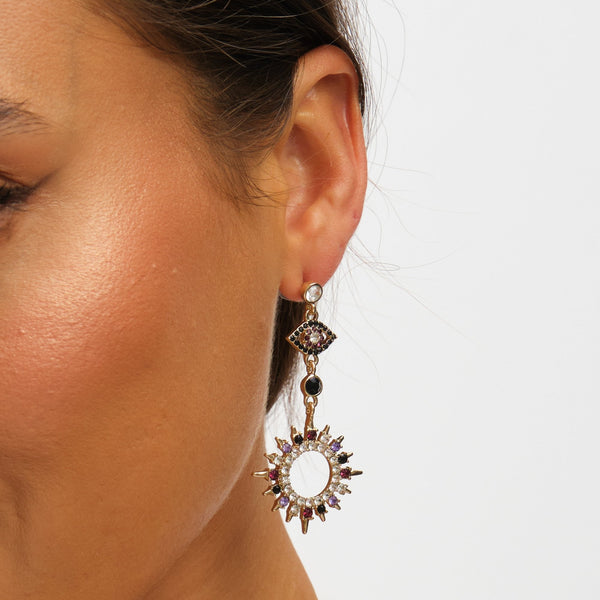 Mood Gold & Multi Colour Crystal Mismatch Celestial Earrings