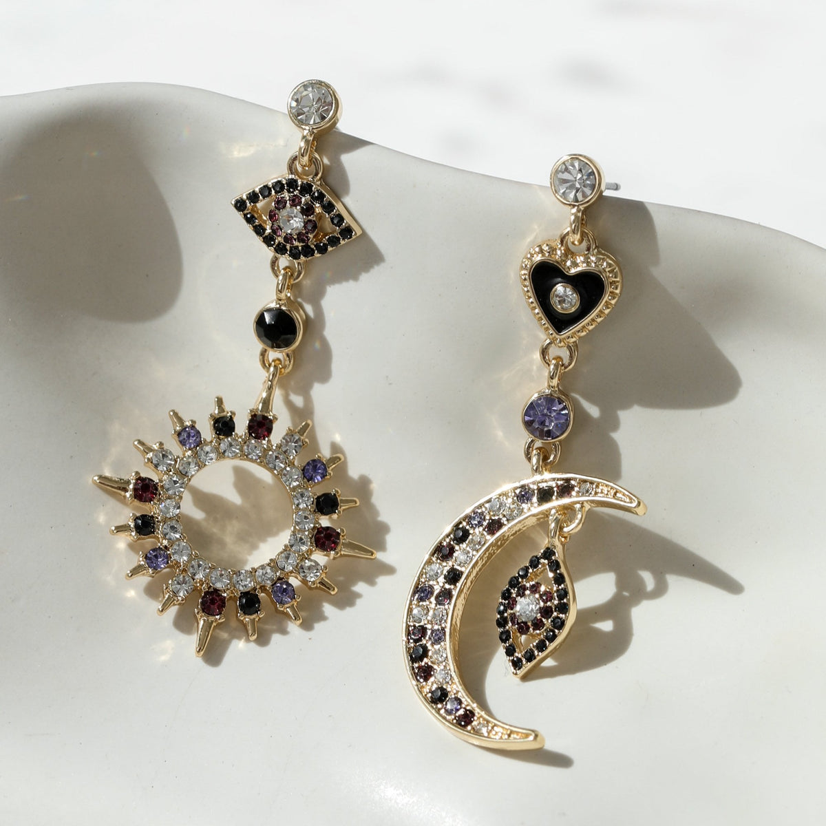 Mood Gold & Multi Colour Crystal Mismatch Celestial Earrings