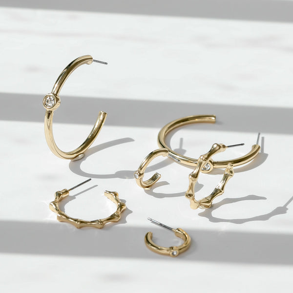 Mood Gold Polished & Crystal Multipack Hoop Earrings - Pack of 3