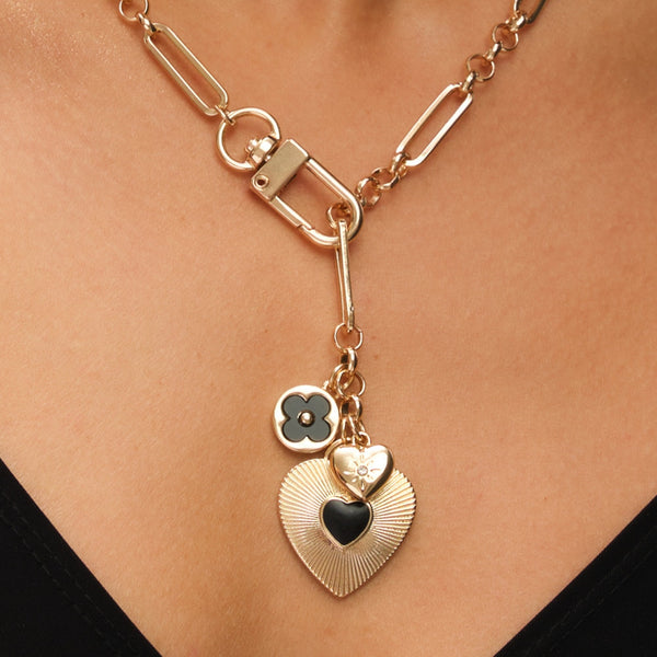 Mood Gold Polished & Jet Heart Charm Necklace