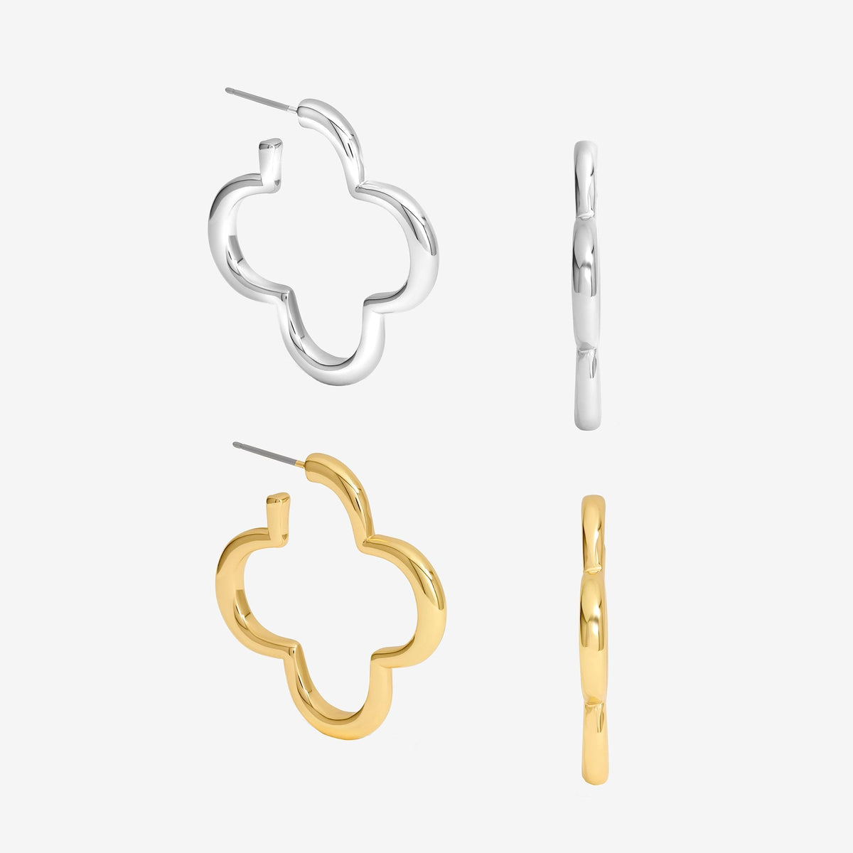 Mood Silver & Gold Polished Open Clover Hoop Earrings - Pack of 2