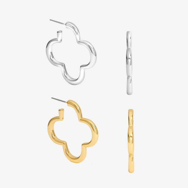 Mood Silver & Gold Polished Open Clover Hoop Earrings - Pack of 2