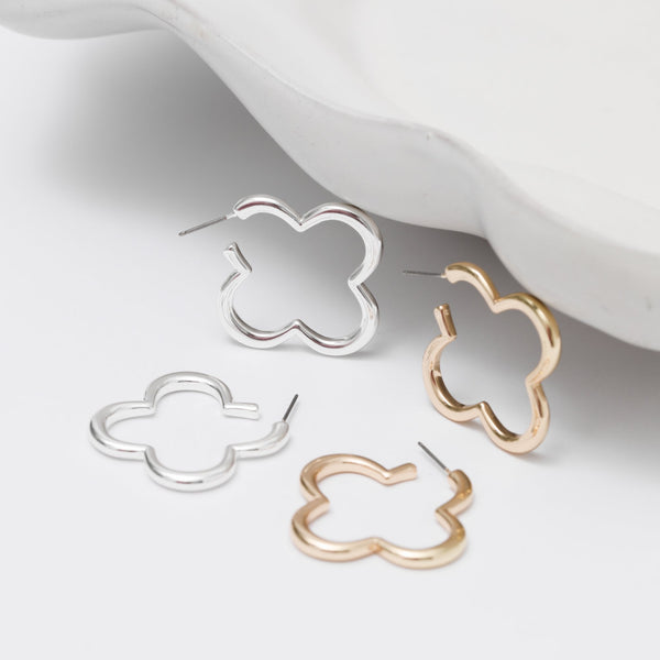 Mood Silver & Gold Polished Open Clover Hoop Earrings - Pack of 2
