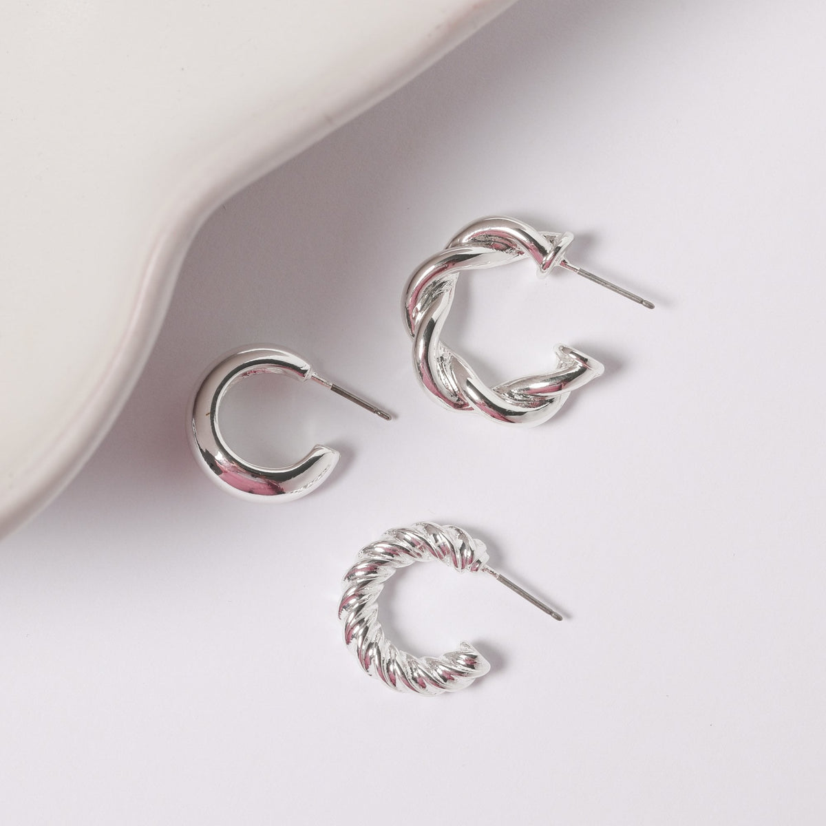 Mood Silver Polished Twist Hoop Earrings - Pack of 3
