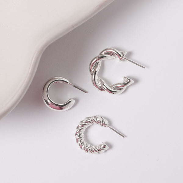 Mood Silver Polished Twist Hoop Earrings - Pack of 3