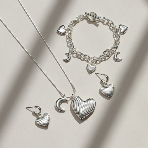 Mood Silver Ridged Heart & Moon Charm Bracelet