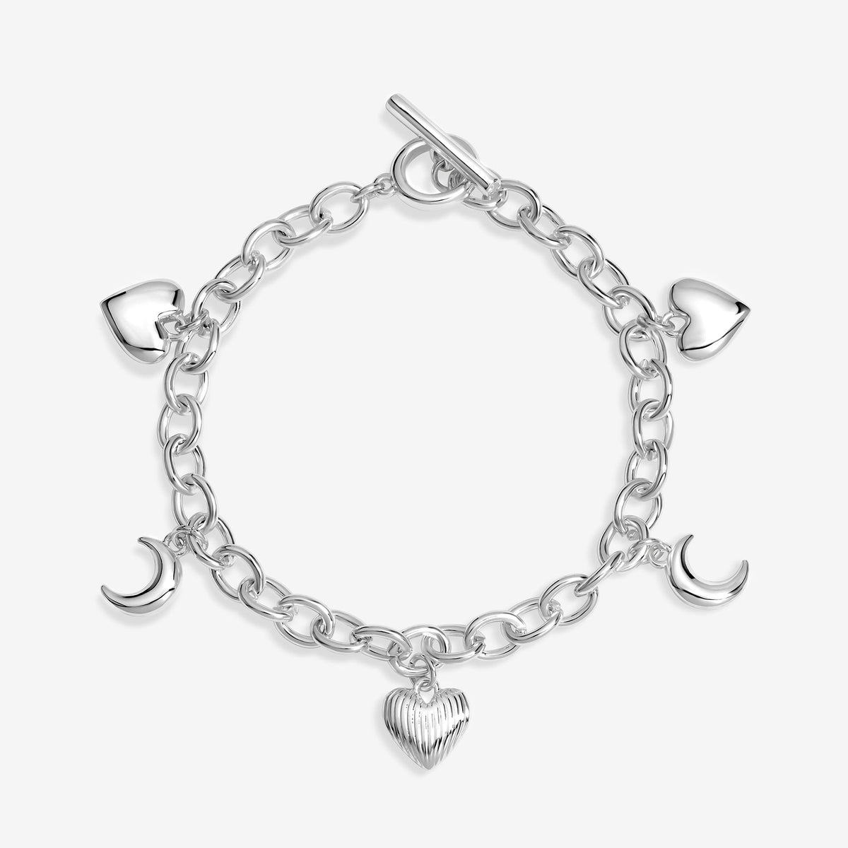 Mood Silver Ridged Heart & Moon Charm Bracelet